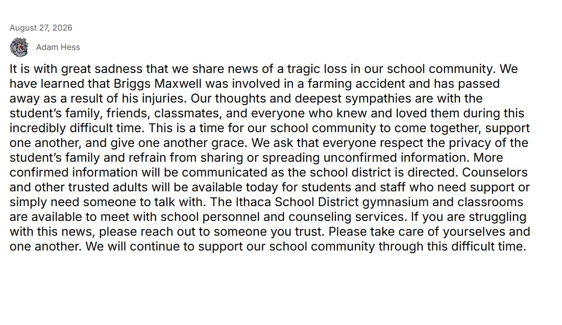 Ithaca High School Student Dies in Farming Accident; Football Game Canceled