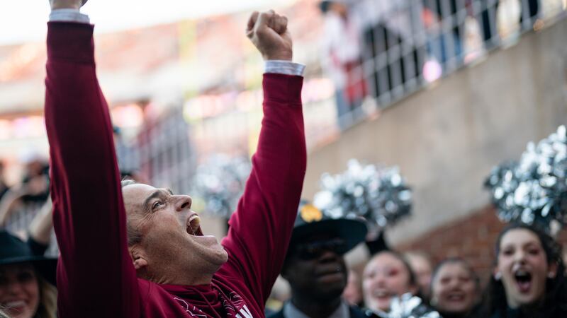 South Carolina head coach Shane Beamer celebrates after defeating Clemson during an NCAA...