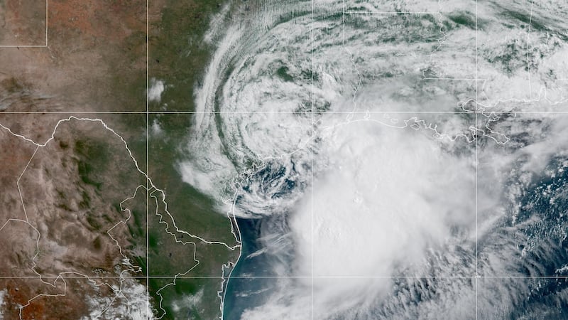 This GOES-19 GeoColor satellite image provided by NOAA shows Tropical Storm Arthur along the...