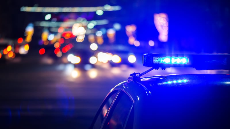 FILE - Night police car lights in city - close-up with selective focus and bokeh background blur