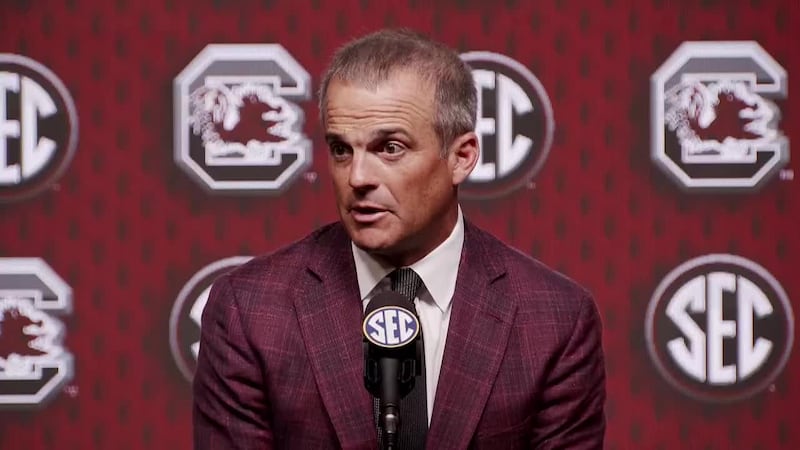 South Carolina's Shane Beamer met with media during 2025 SEC Media Days in Atlanta, Georgia.