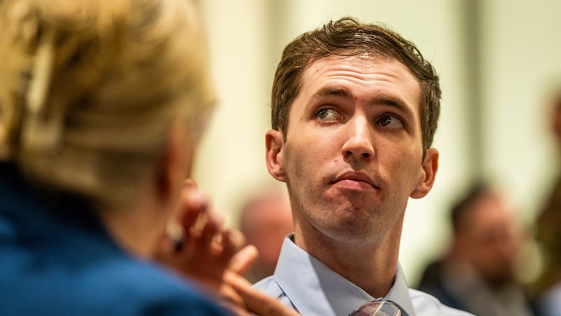 FILE - Tyler Robinson, who is accused of fatally shooting Charlie Kirk, appears during a...