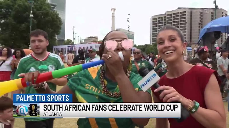 From just outside South Africa's match vs. Czechia at Atlanta Stadium, fans celebrate their...